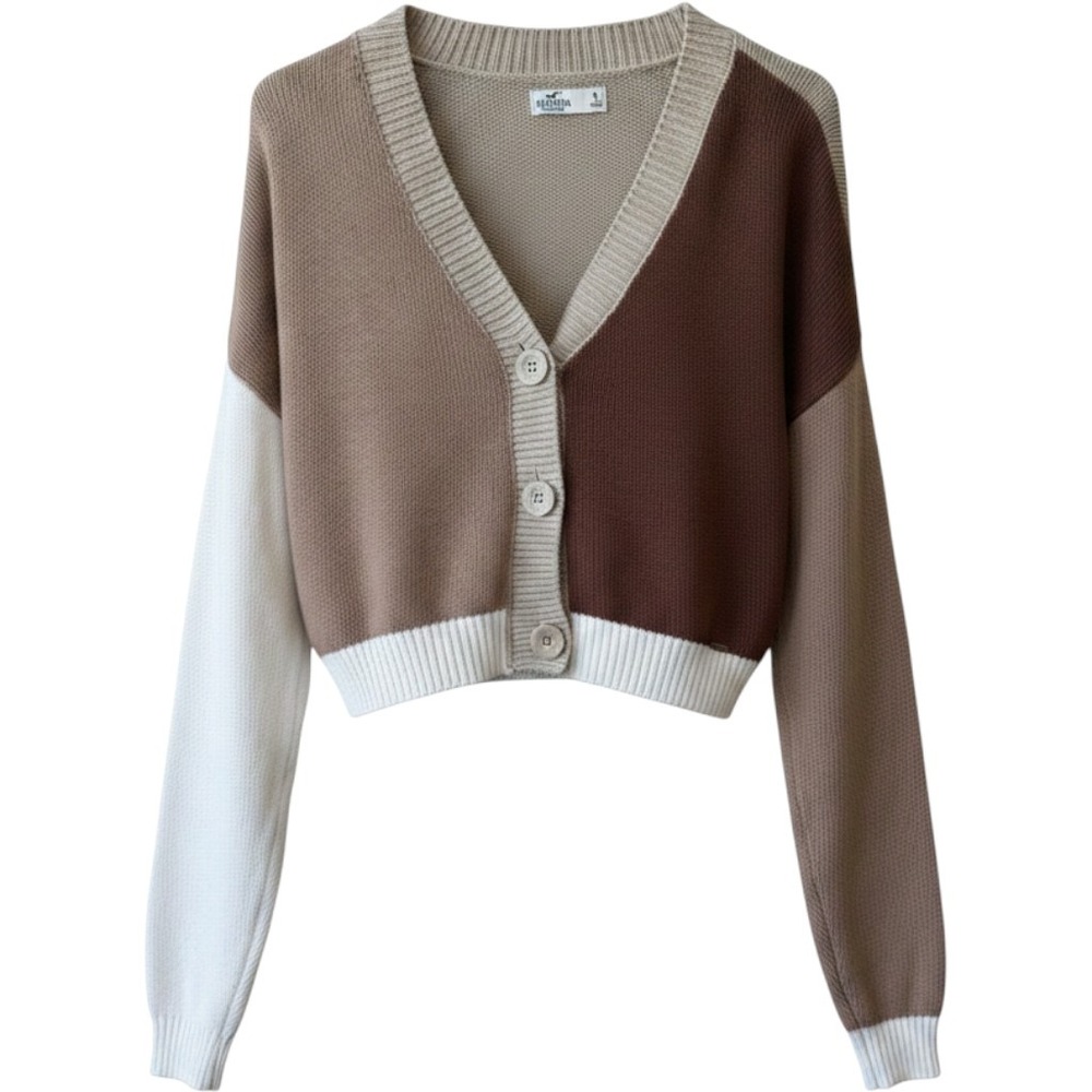 Hollister Womens Cotton Cardigan S Brown Colorblock Cropped V-Neck Knit Sweater